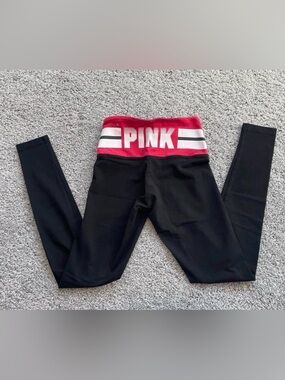 NWOT PINK Victoria's Secret Black Leggings with Red & White Logo Waistband